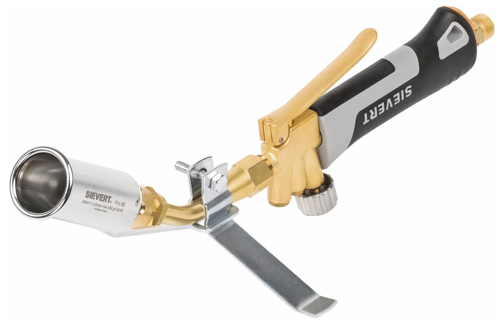 A gas torch with a metal nozzle, black and gray handle, and adjustable flame control lever. The brand name 'Sievert' is visible.