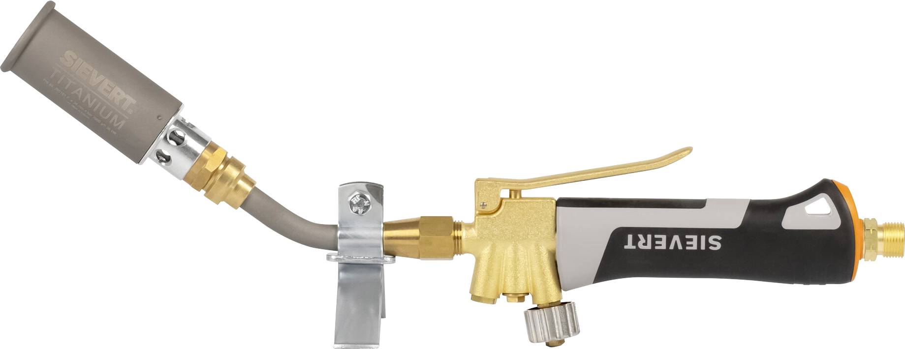 A gas blow torch with a black and gold handle, igniter, and silver nozzle, marked 'Sievert,' resting on a metallic stand.