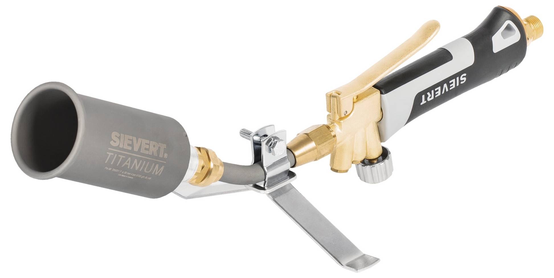 A gas torch with a black and gold handle, labeled 'Sievert Titanium,' featuring an adjustable lever and mounted on a metal stand.