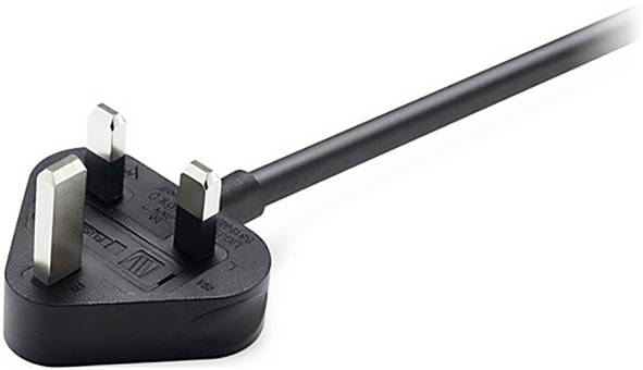 A UK-style three-pin plug connected to a black power cord, commonly used for electrical devices.