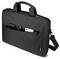 A black, soft laptop bag with handles and a shoulder strap. The front zipper pocket is open, showing devices and accessories inside.