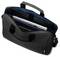 A black laptop bag with a top zippered opening reveals a laptop and two additional compartments inside. The bag has a handle and shoulder strap.