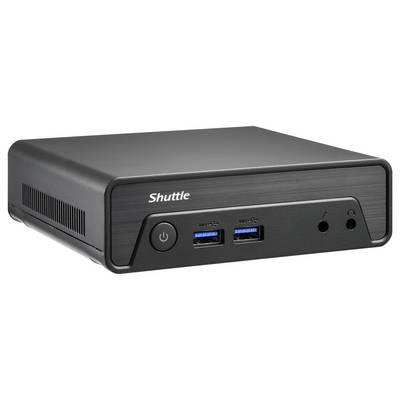 Small black Shuttle computer with power button, two USB ports, and audio ports on the front.