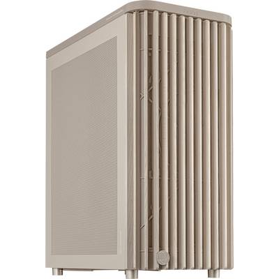 A beige, modern speaker with vertical slats and a minimalist design. It stands tall with a sleek, rectangular shape and metal feet.
