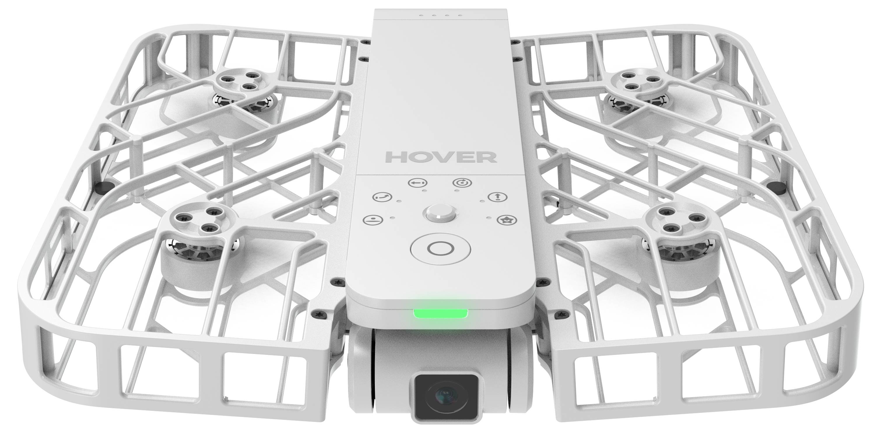 A white rectangular drone with four propellers in protective cages and a front-facing camera, labeled 'HOVER', used for aerial photography.