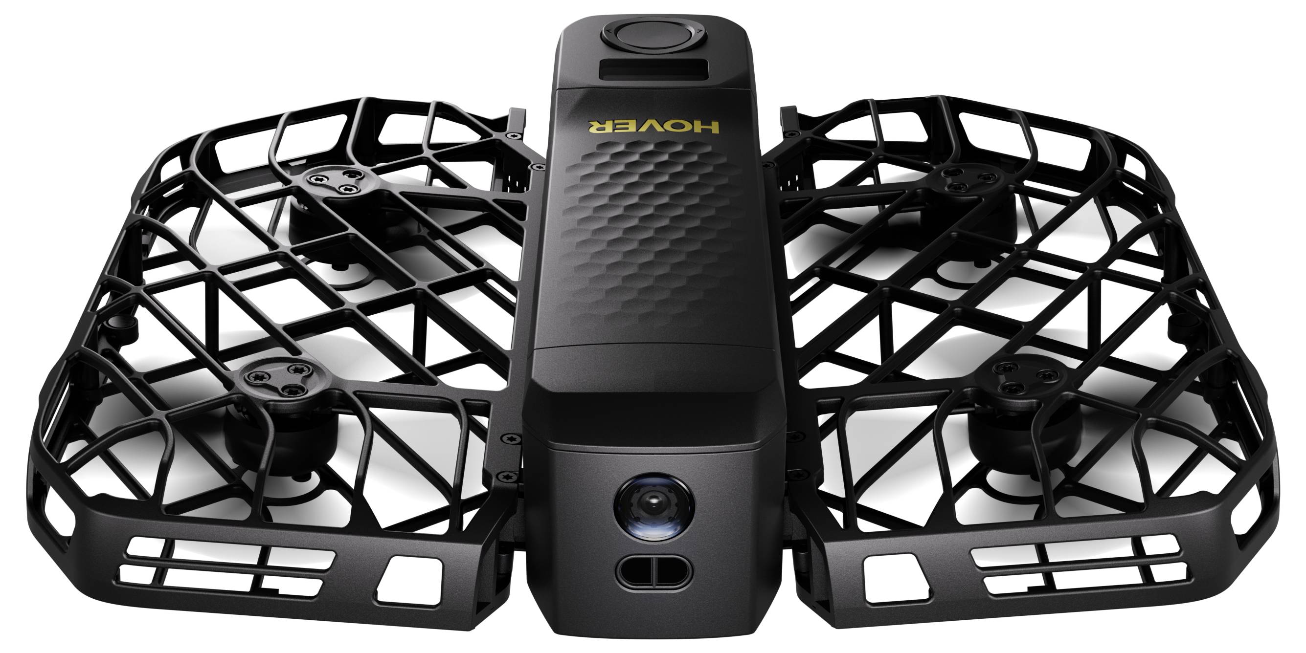 A drone with protective mesh around rotors and a camera on the front, designed for safe flight and aerial photography.