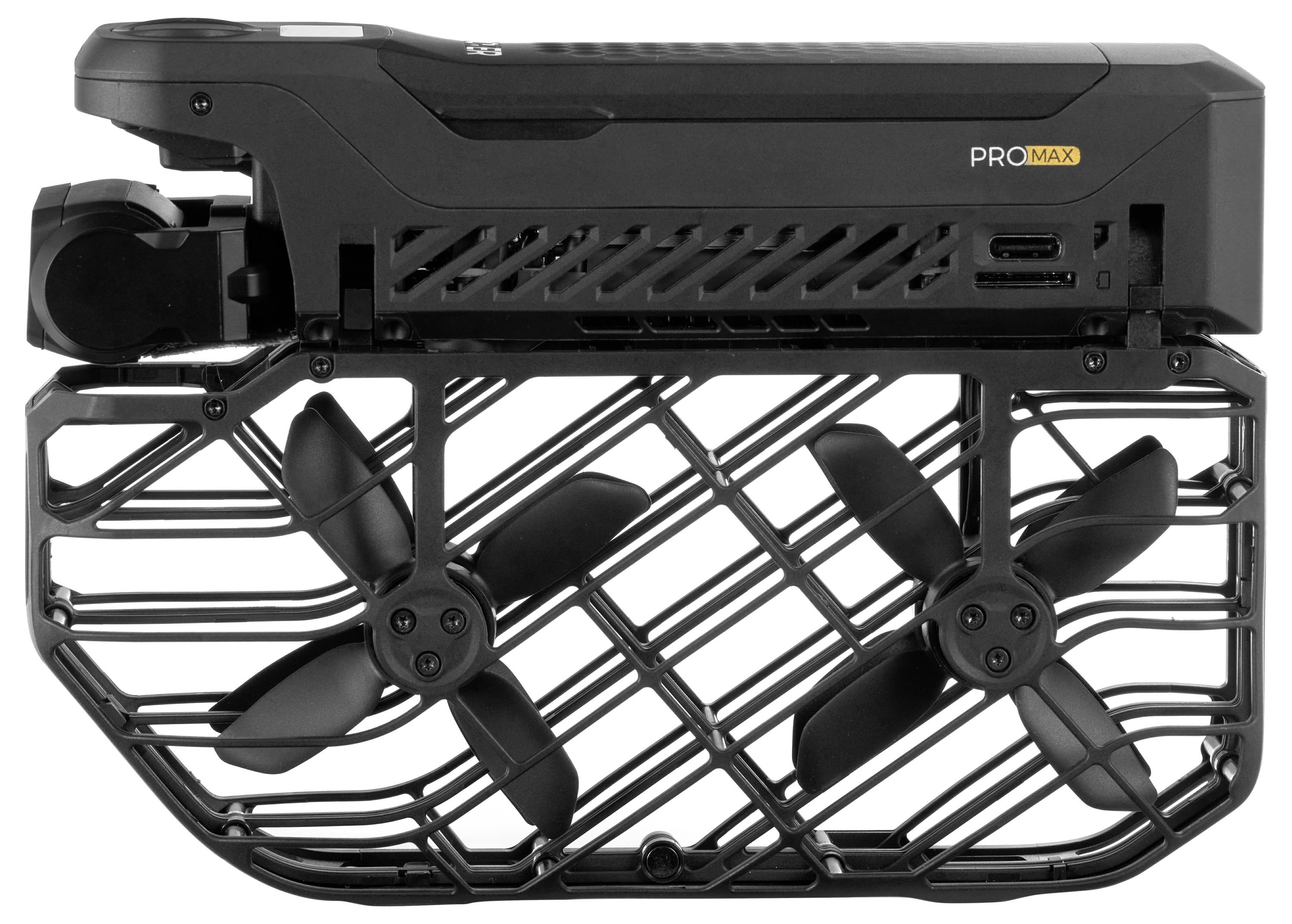 Aerial drone propulsion unit with two black propellers and a sleek black casing labeled 'PROMAX', showcasing compact and modern design.