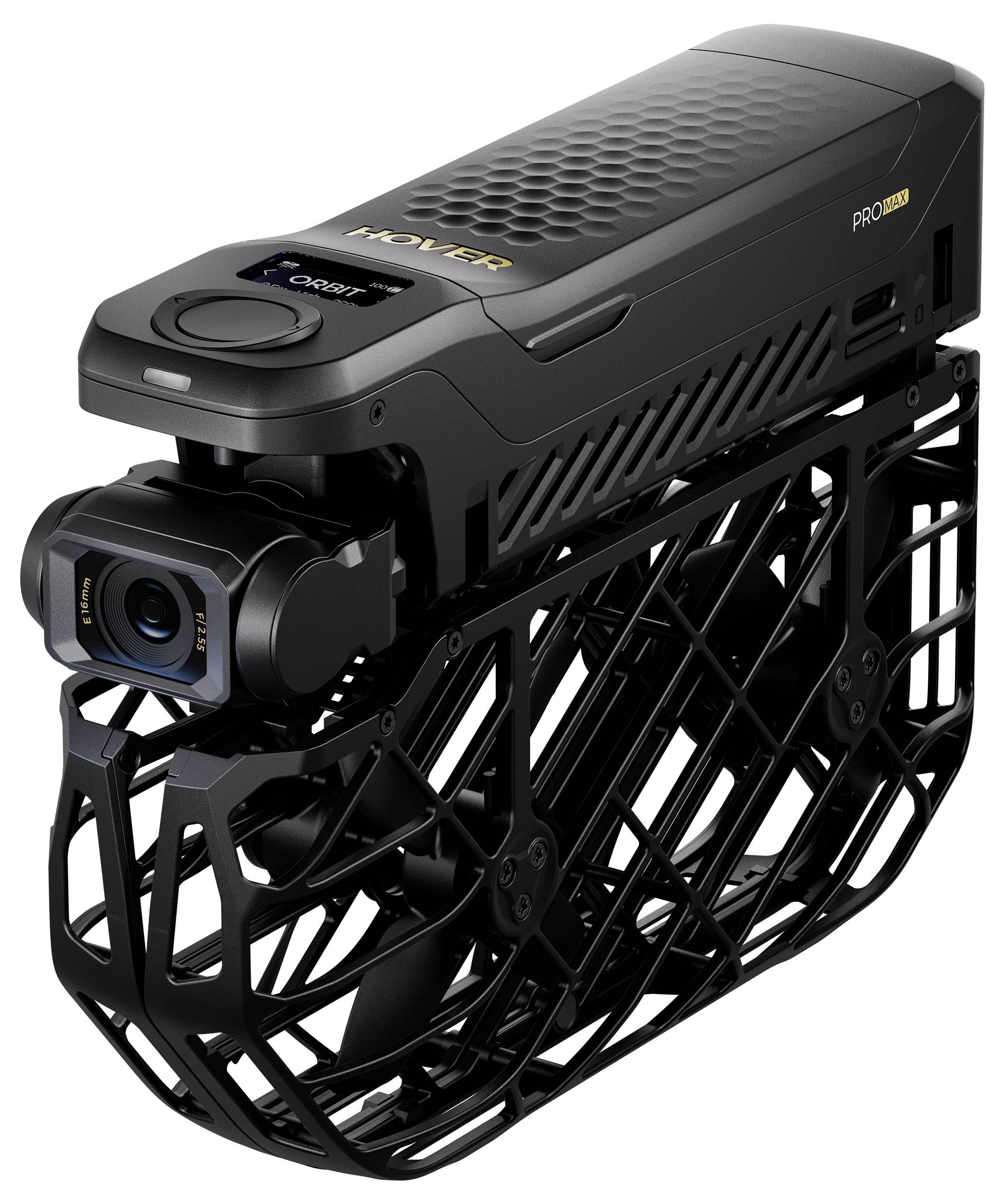 'The image shows a compact black drone with protective casing around its rotors, mounted with a camera, designed for photography and videography.'