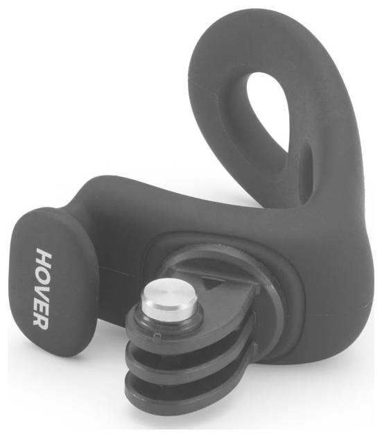 A black earbud-like device labeled 'HOVER,' featuring a hook design and attachment component for hands-free use.