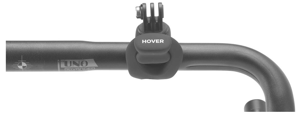 'Hover' bike handlebar attachment with clamp and mounting bracket, featuring a sleek black design, suitable for securing devices.