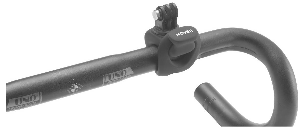 'Hover' branded bike handlebar with a GoPro mount attached to the top center. The handlebar is sleek and black with a curved drop design.