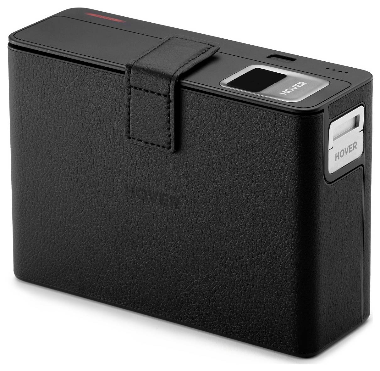 A black, leather-like case with a small handle and "HOVER" branding, likely for storing or transporting an electronic device.