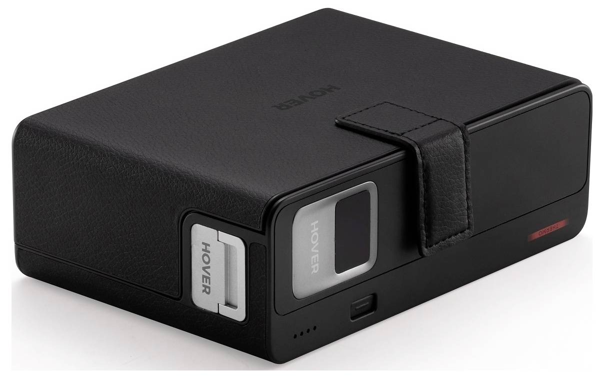 A black portable electronic device with a textured cover and a small display screen, showing the brand name on its side.