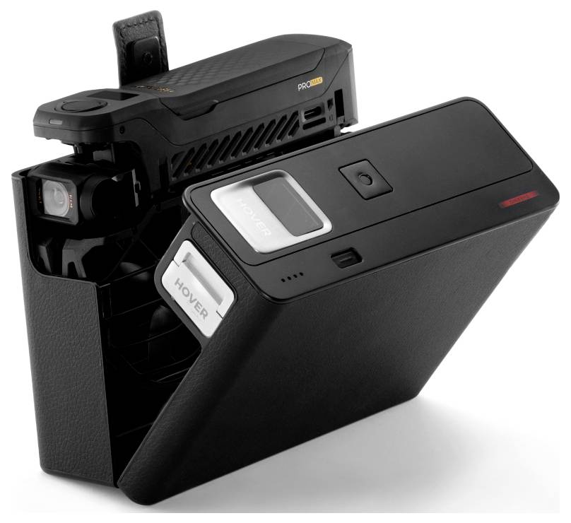 'A black and compact device with a foldable design, featuring a camera on one side and a button interface on the top.'