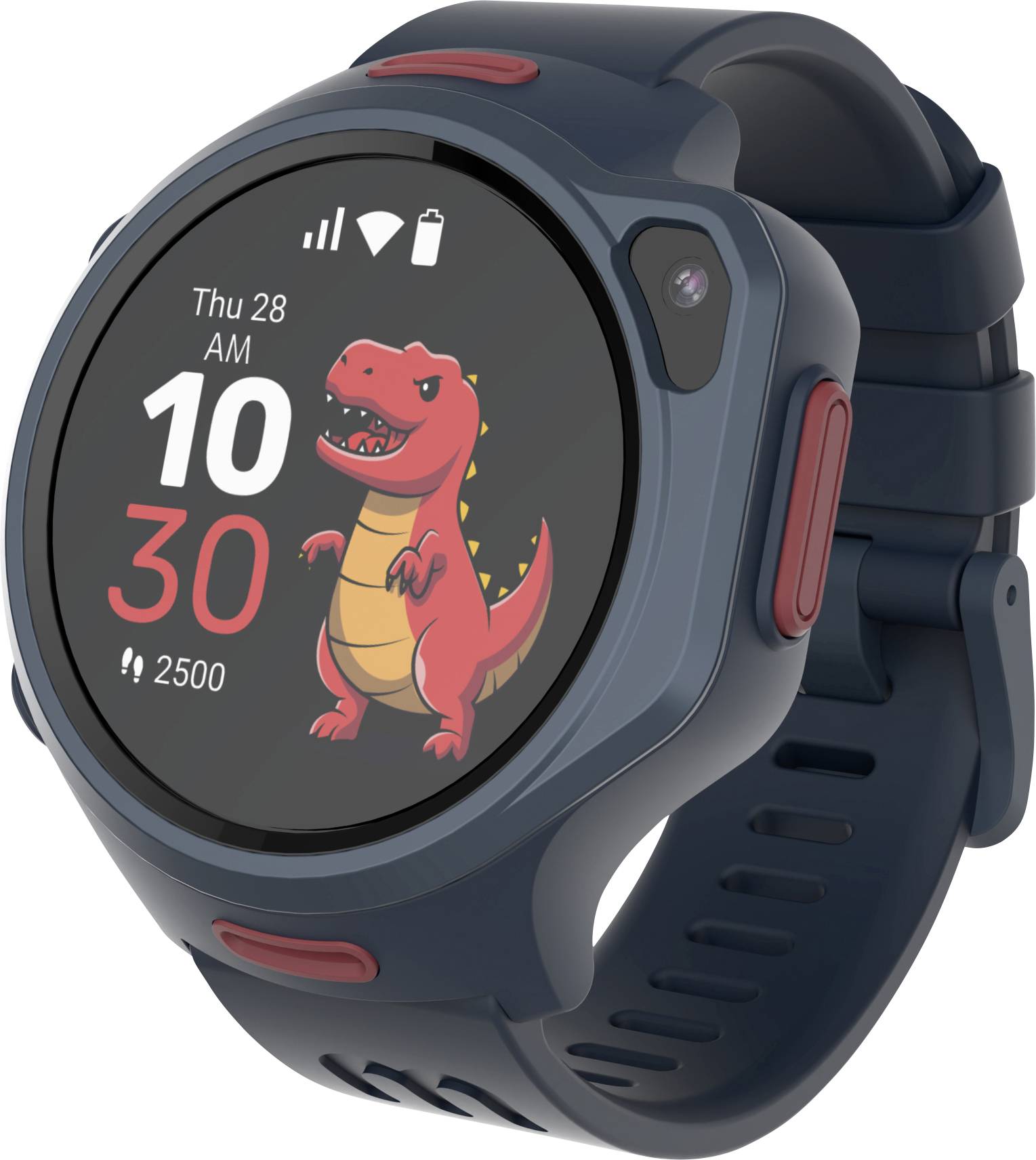 Smartwatch with a dinosaur theme on the display showing the time '10:30 AM', date 'Thu 28', a step count '2500', and battery icon.