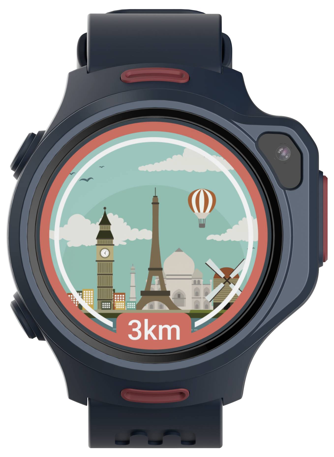 A smartwatch displays travel-themed graphics, including landmarks like the Eiffel Tower, Big Ben, and a 3 km distance indicator.