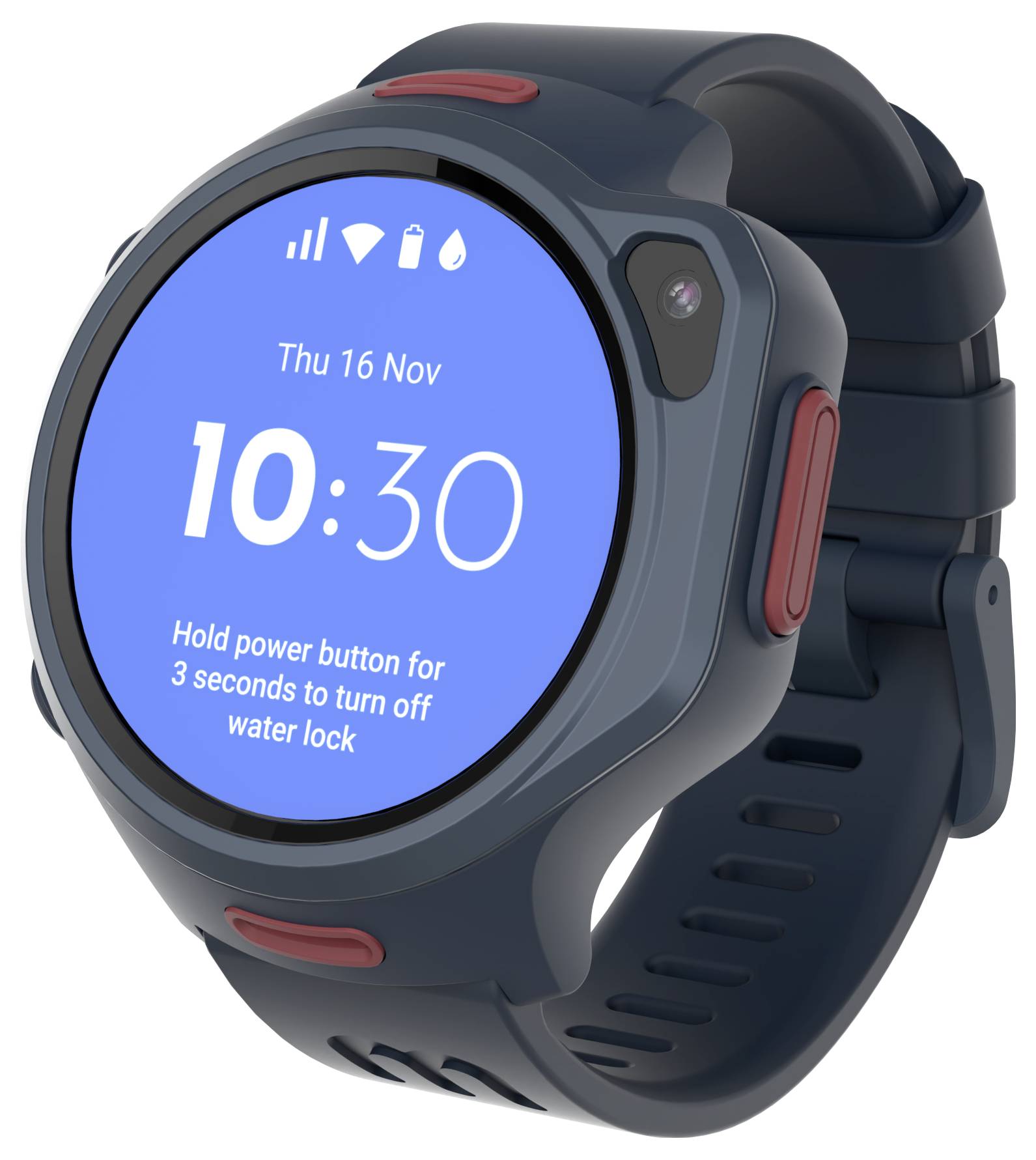 Smartwatch displaying 'Thu 16 Nov, 10:30' with instructions 'Hold power button for 3 seconds to turn off water lock'.