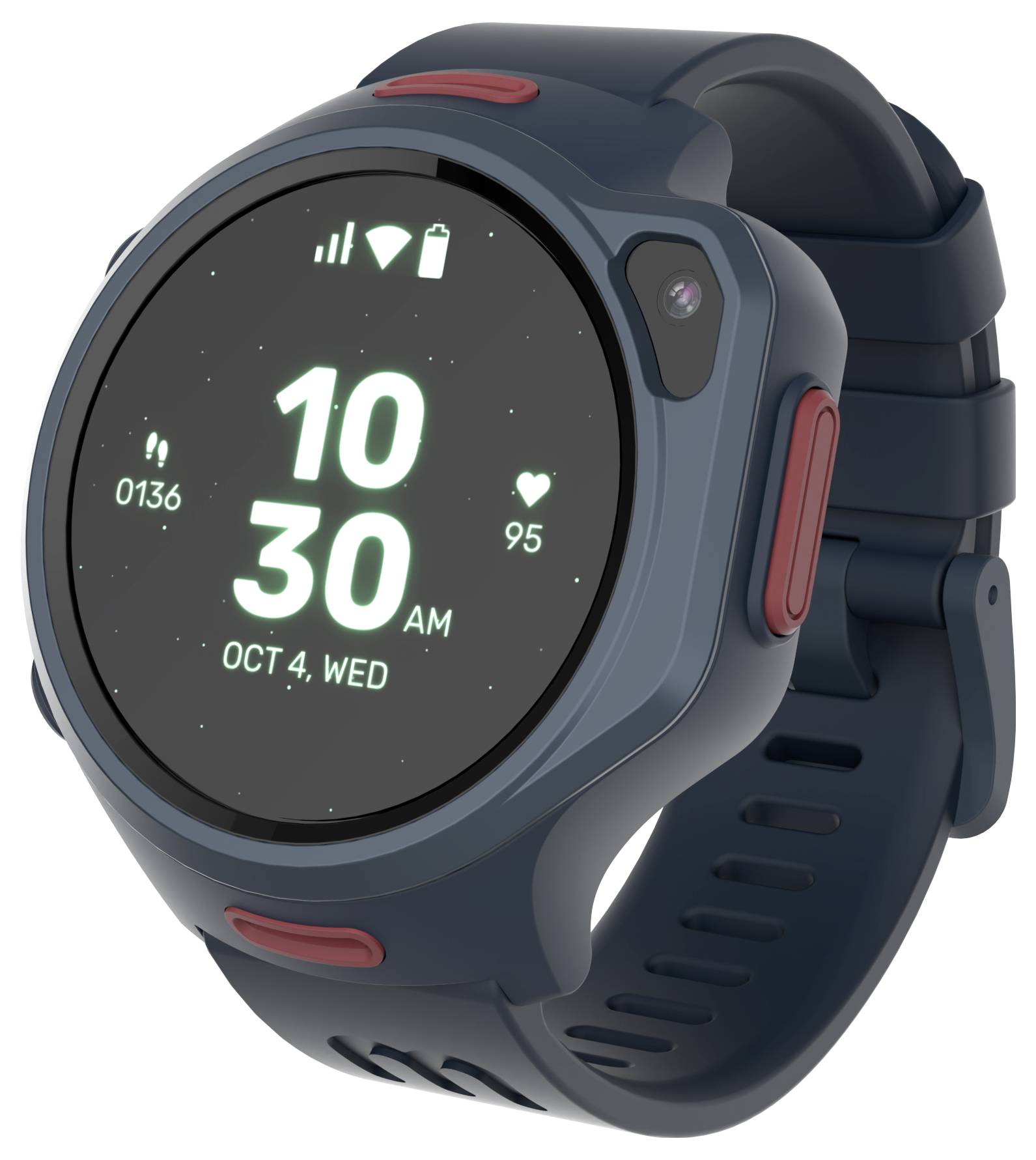 A blue smartwatch displaying '10:30 AM, Oct 4, Wed' with icons for steps, battery, and heart rate. It has red buttons and a flexible strap.