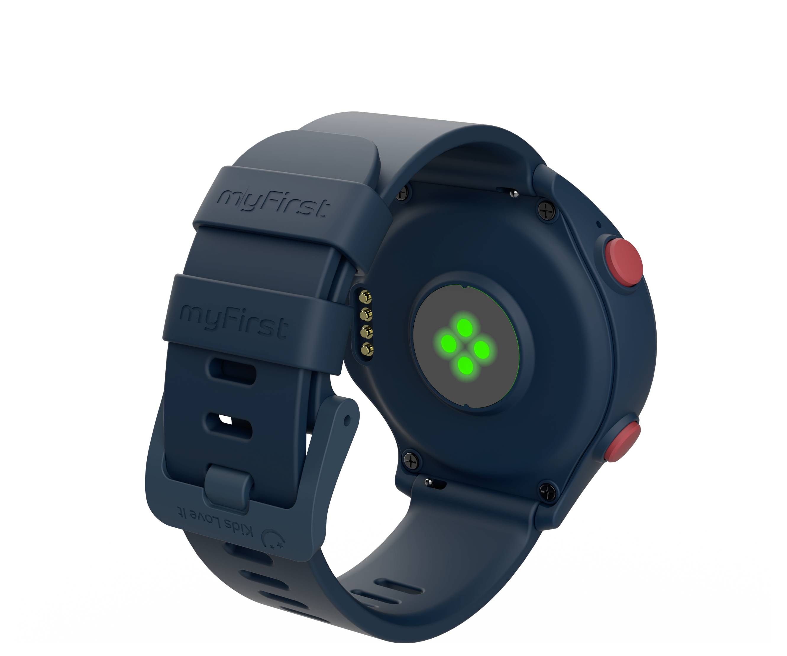 A smart watch with a blue strap, featuring a green charging indicator on the back and red buttons on the side.