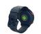 A smart watch with a blue strap, featuring a green charging indicator on the back and red buttons on the side.