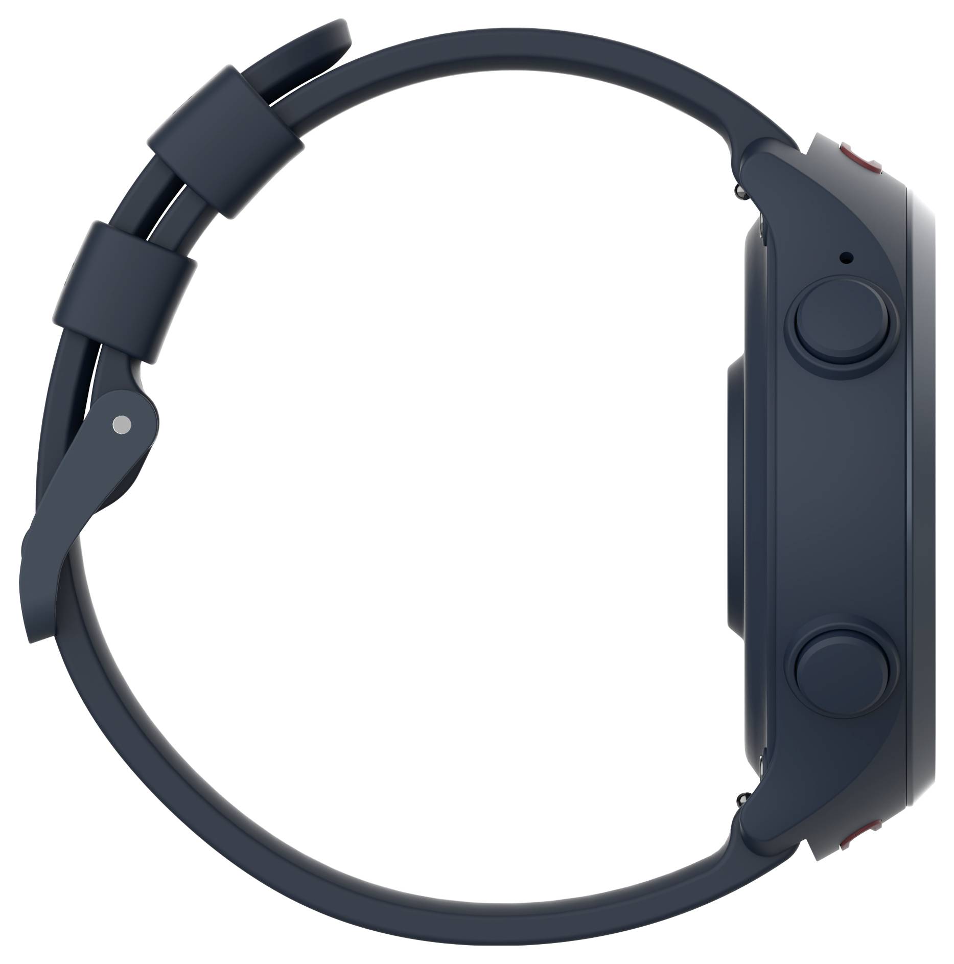 Side view of a smartwatch with a dark band, showcasing the watch's buttons and sleek design.