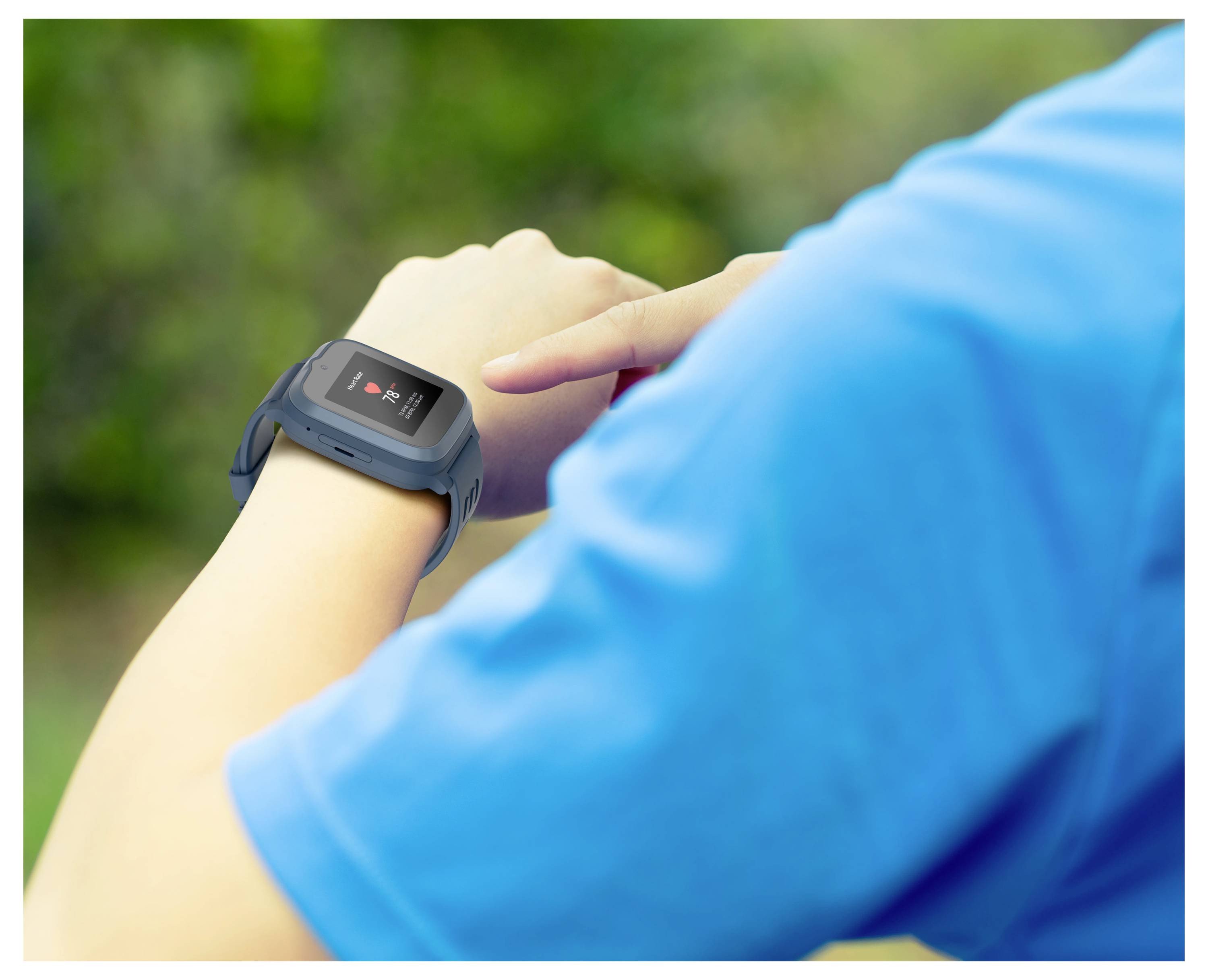 A person wearing a blue shirt checks a smartwatch displaying a heartbeat icon and '75 BPM'.