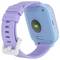 A colorful smartwatch with a purple strap and light blue casing, featuring a green charging indicator on its back, designed for children.