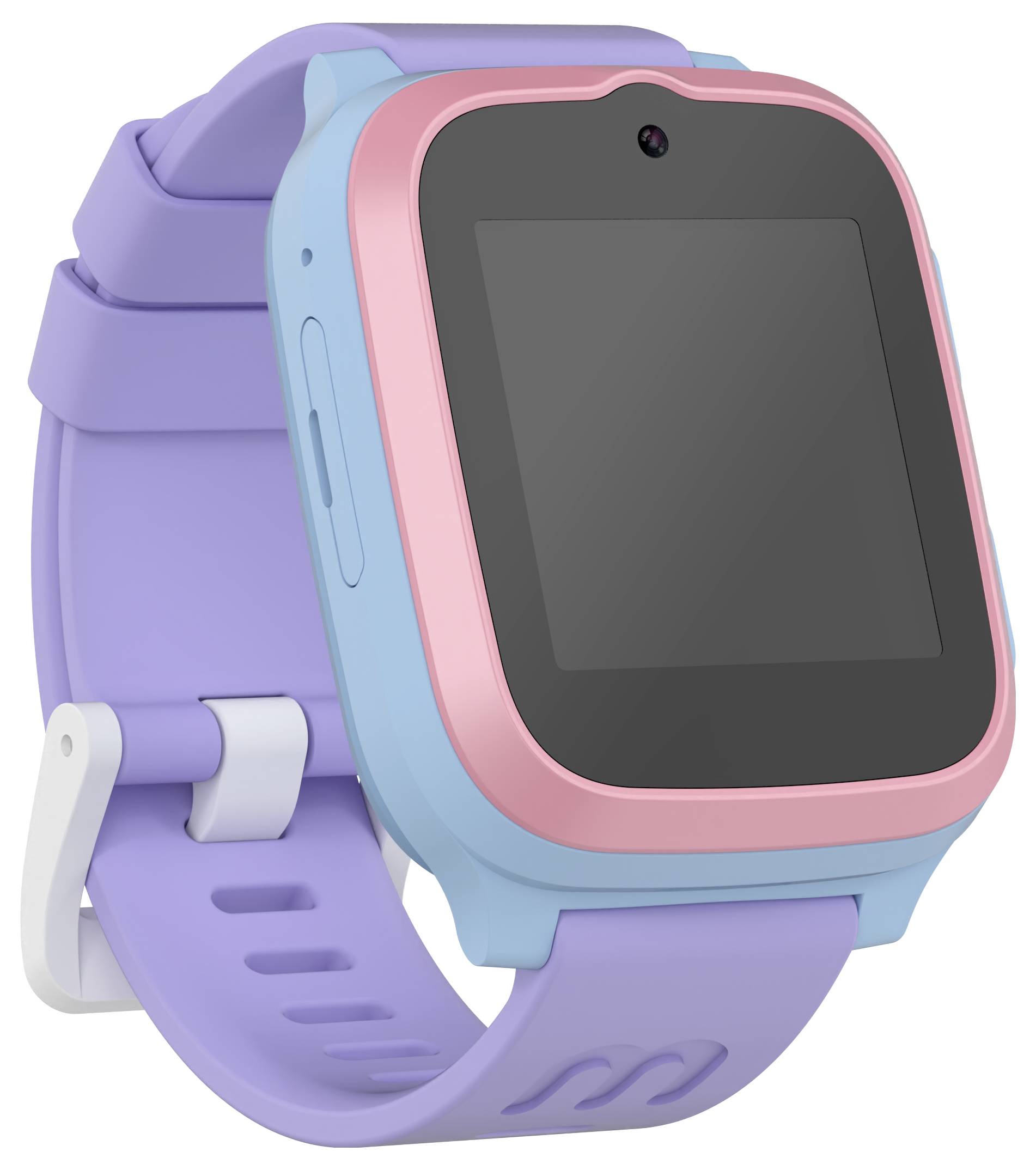 A colorful smartwatch with a pink bezel and lavender band, featuring a touchscreen and side buttons, designed for children.