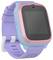A colorful smartwatch with a pink bezel and lavender band, featuring a touchscreen and side buttons, designed for children.
