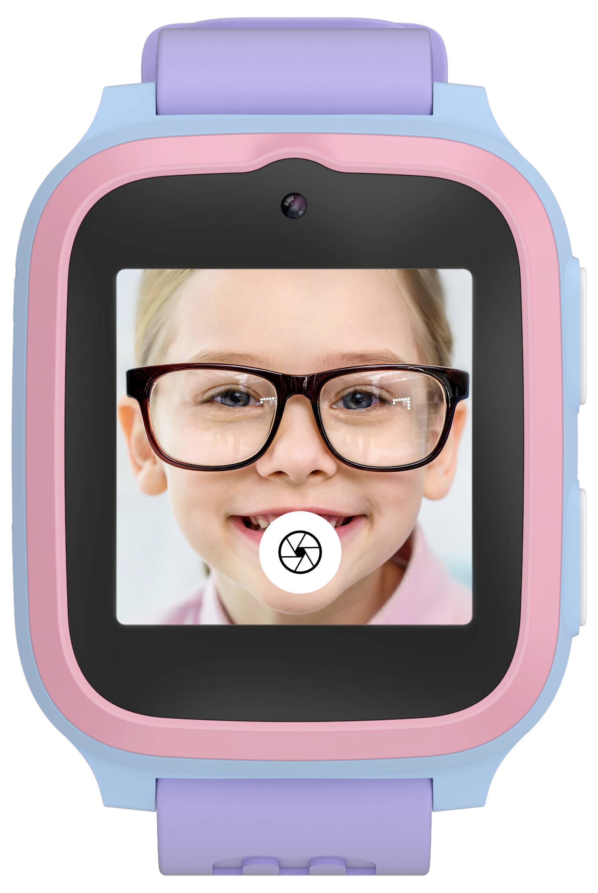 A child with glasses is displayed on a smartwatch screen, featuring a camera icon. The watch has a pink and blue frame with a purple strap.