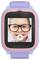 A child with glasses is displayed on a smartwatch screen, featuring a camera icon. The watch has a pink and blue frame with a purple strap.