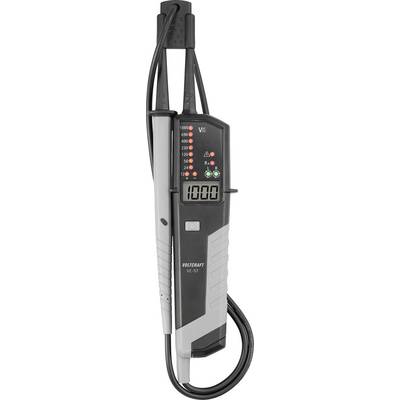 Handheld voltage tester with probe leads and digital display reading 1000, showing illuminated indicator LEDs on the device body.