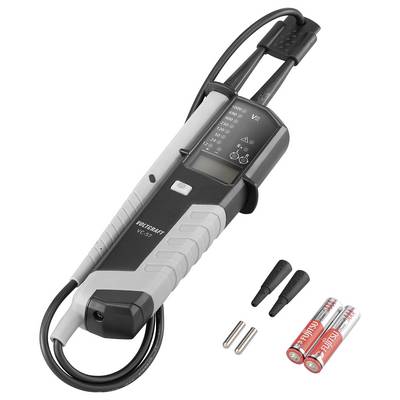 Clamp multimeter with display and test leads, shown with two probe tips and two AAA batteries.