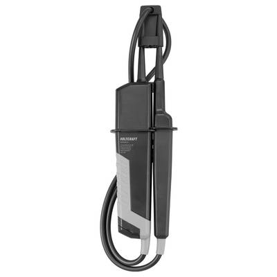 Black Voltcraft insulated electrical test probe with attached cables and protective housing, shown isolated on a white background.