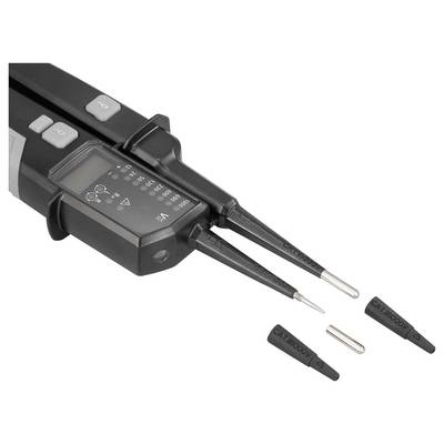 Handheld electrical tester with two probe tips and detachable CAT III 1000V safety caps on a white background.