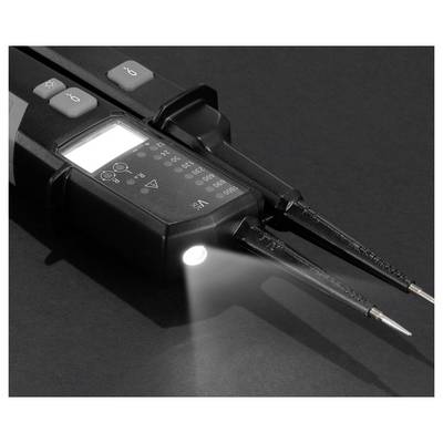 Dual-probe voltage tester with illuminated display and indicator buttons, shown on a dark surface.