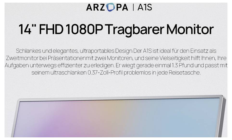 '14" FHD 1080P Tragbarer Monitor' headline. Image shows a sleek, portable monitor suitable for presentations, weighing 1.3 pounds.