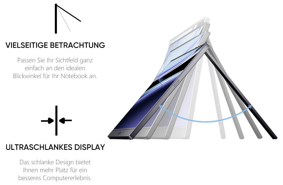 'Vielseitige Betrachtung: Passen Sie Ihr Sichtfeld an. Ultraschlankes Display: Schlankes Design bietet Platz für besseres Computererlebnis.' Image of a laptop screen tilting at various angles.