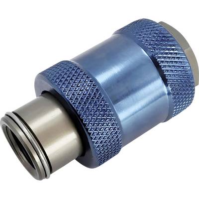 'A blue and silver metal air hose quick connect fitting, featuring a textured grip for easy handling.'