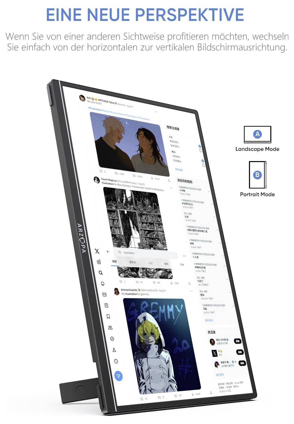 A monitor displays a social media feed with text and images. The screen orientation changes from landscape to portrait. German text about perspective change.