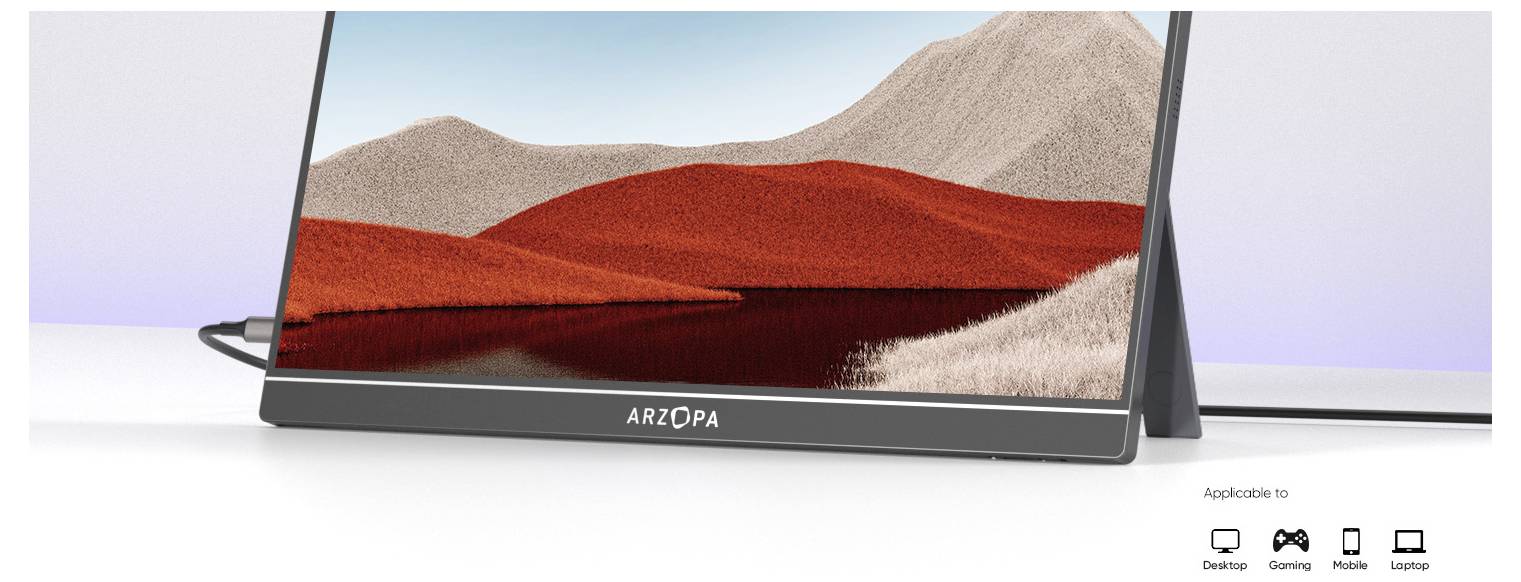 A monitor displaying an image of a landscape with mountains and a red field. The brand 'ARZOPA' is visible on the monitor frame. Icons indicate use for desktop, gaming, and mobile.