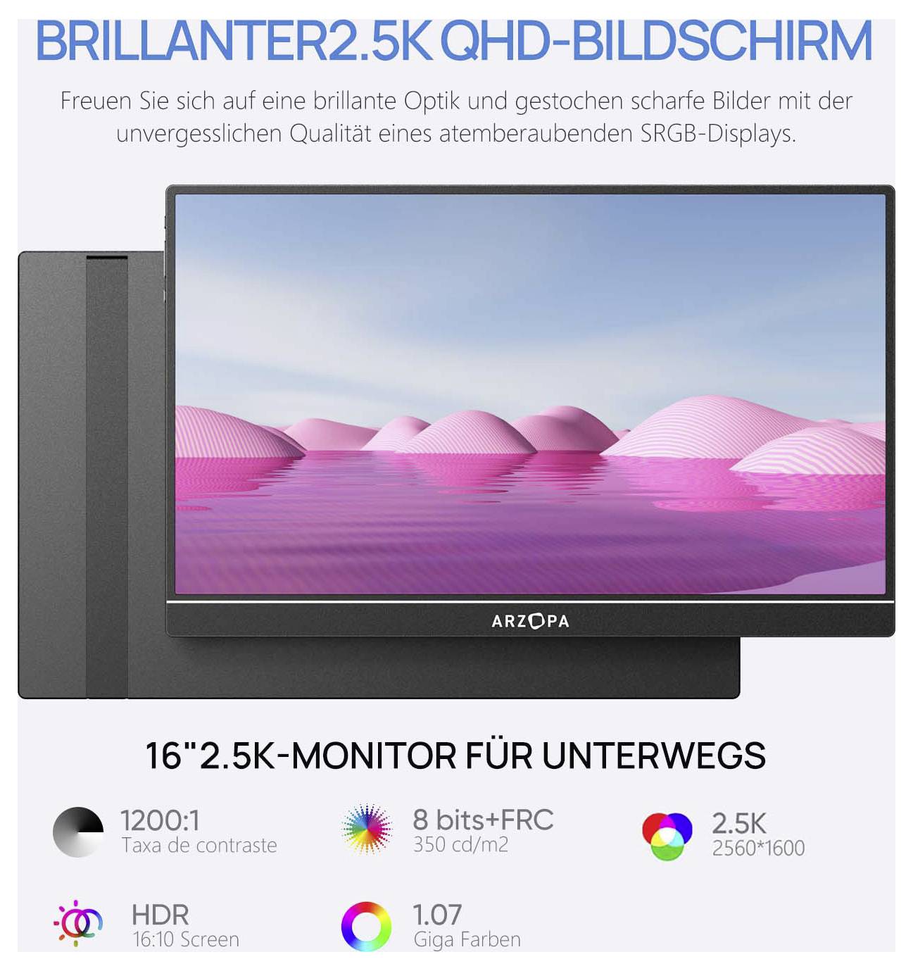 'BRILLANTER 2.5K QHD-BILDSCHIRM' text above monitor image showing pink landscape; specs include 16", 2.5K resolution, 1200:1, HDR.