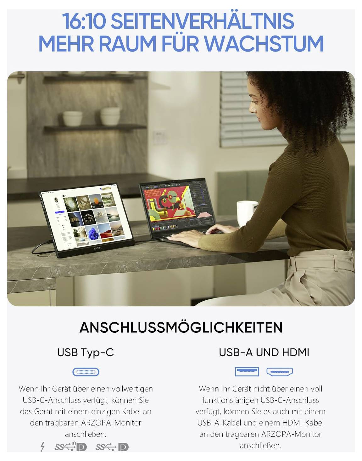 A woman uses a laptop and external monitor side by side. Text highlights connection options via USB Type-C and USB-A with HDMI.