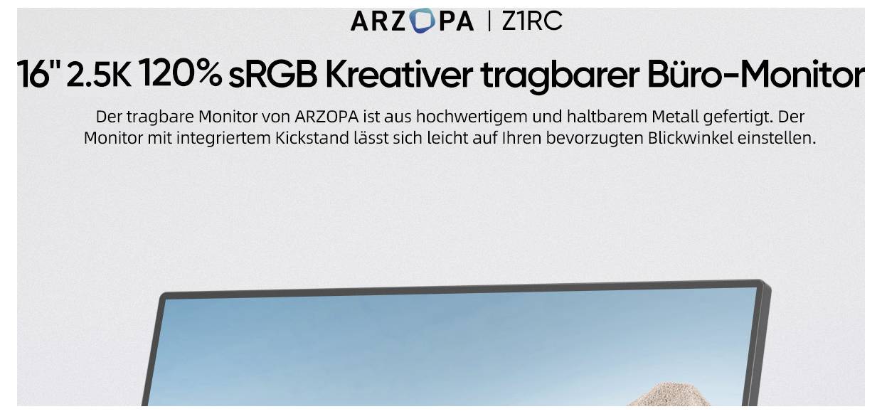 '16" 2.5K 120% sRGB Creative Portable Office Monitor by ARZOPA with integrated kickstand, adjustable viewing angle.'