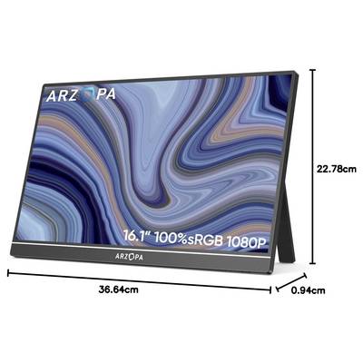 Portable monitor with a 16.1-inch 1080p screen, displaying a blue and orange abstract design. Dimensions: 36.64cm x 22.78cm x 0.94cm.