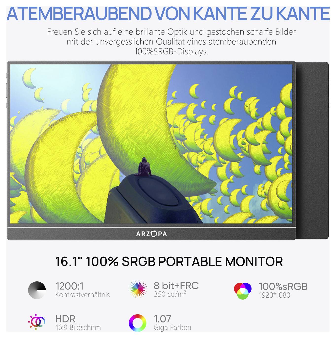 Portabler 16.1 Zoll Monitor mit 100% sRGB, 1200:1 Kontrast, HDR, 1.07 Milliarden Farben, mit lebendiger Grafik im Hintergrund.