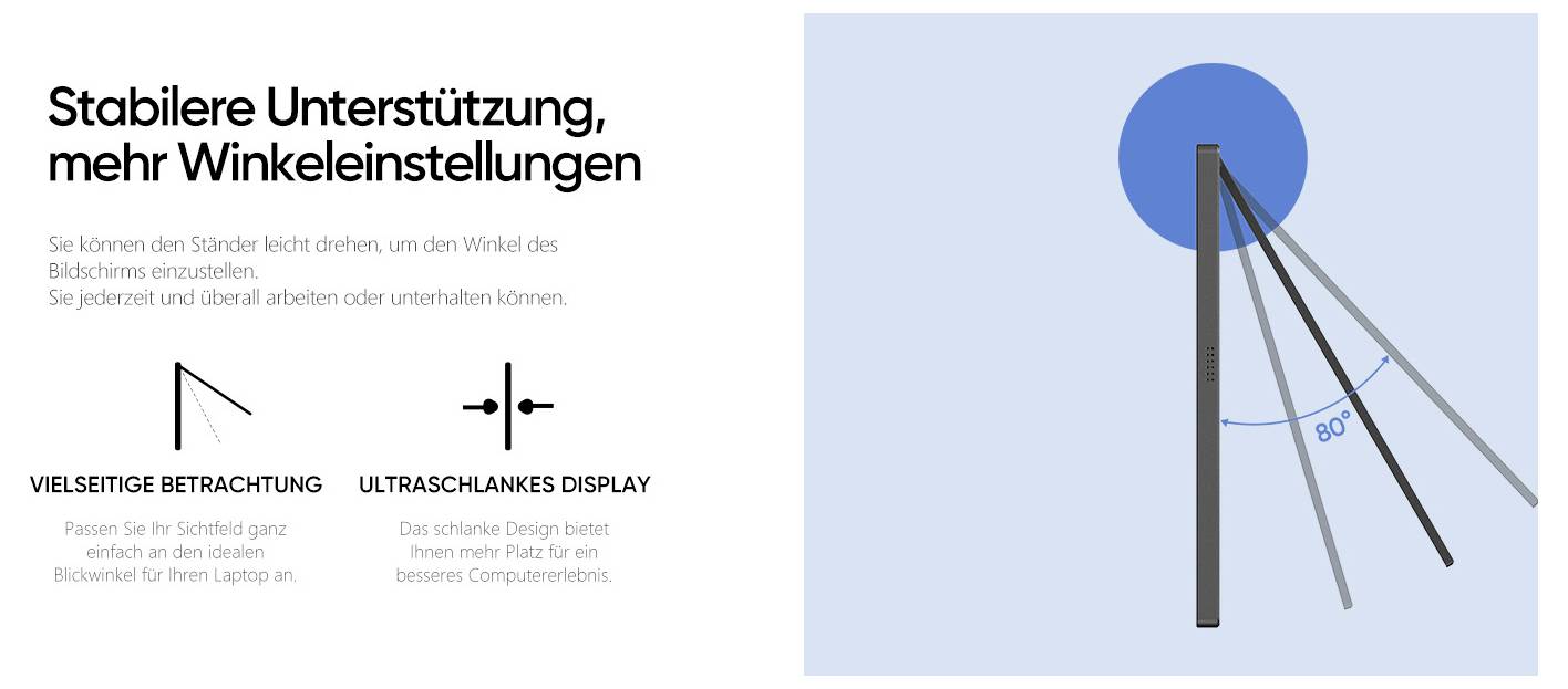 'Stabilere Unterstützung, mehr Winkeleinstellungen': Illustration of a device stand with adjustable angles, highlighting versatility and slim display design.