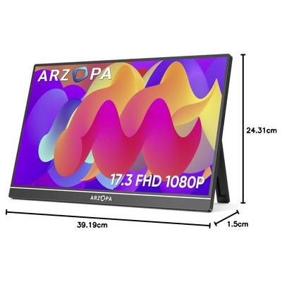 Portable monitor with a colorful screen showing abstract shapes, labeled 'ARZOPA' and '17.3 FHD 1080P', measuring 39.19cm x 24.31cm x 1.5cm.