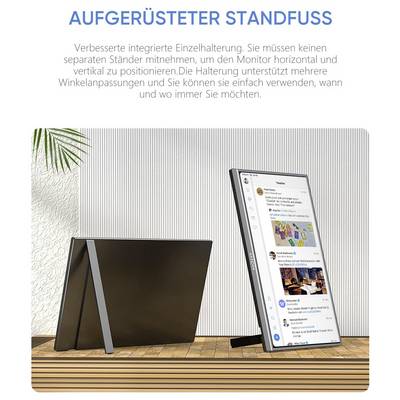 'AUFGERÜSTETER STANDFUSS': Zwei Monitore mit verbesserter Einzelhalterung, horizontal und vertikal positioniert, fertige Winkelanpassungen.