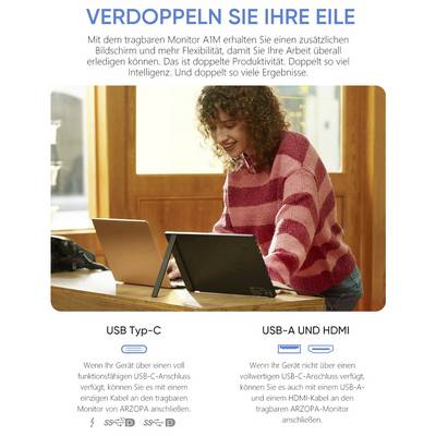 'A woman using a portable monitor with a laptop. Text promotes increasing productivity with USB-C, USB-A, and HDMI connectivity options.'